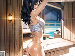 A woman in a bikini standing next to a pool.