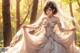 A woman in a wedding dress standing in the woods.