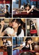 A collage of photos of a woman eating food at a restaurant.